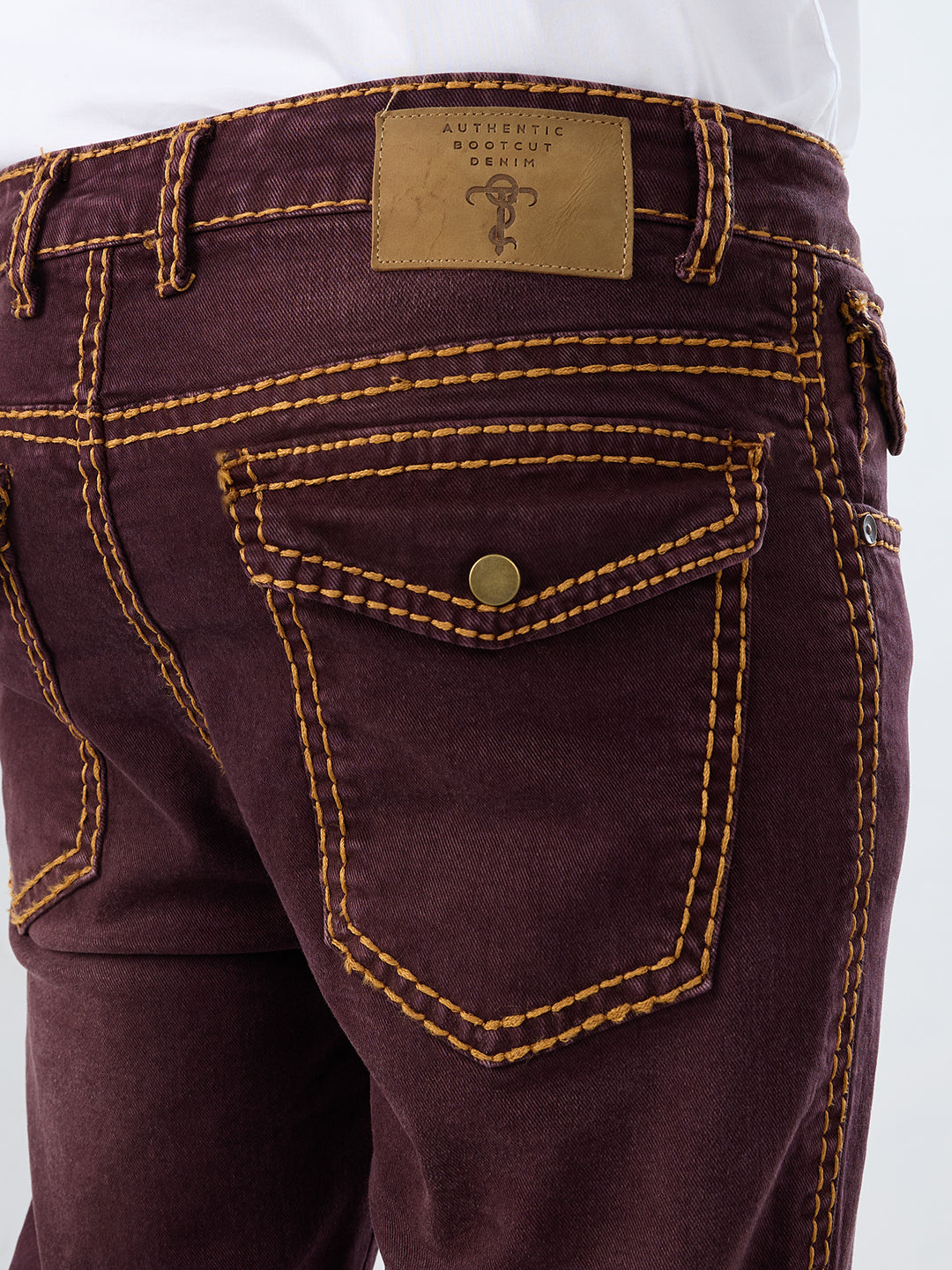 Vintage Maroon Bootcut Denim with Contrast Mustard Stitch Detailing – Stretchable 5-Pocket Jeans for Men