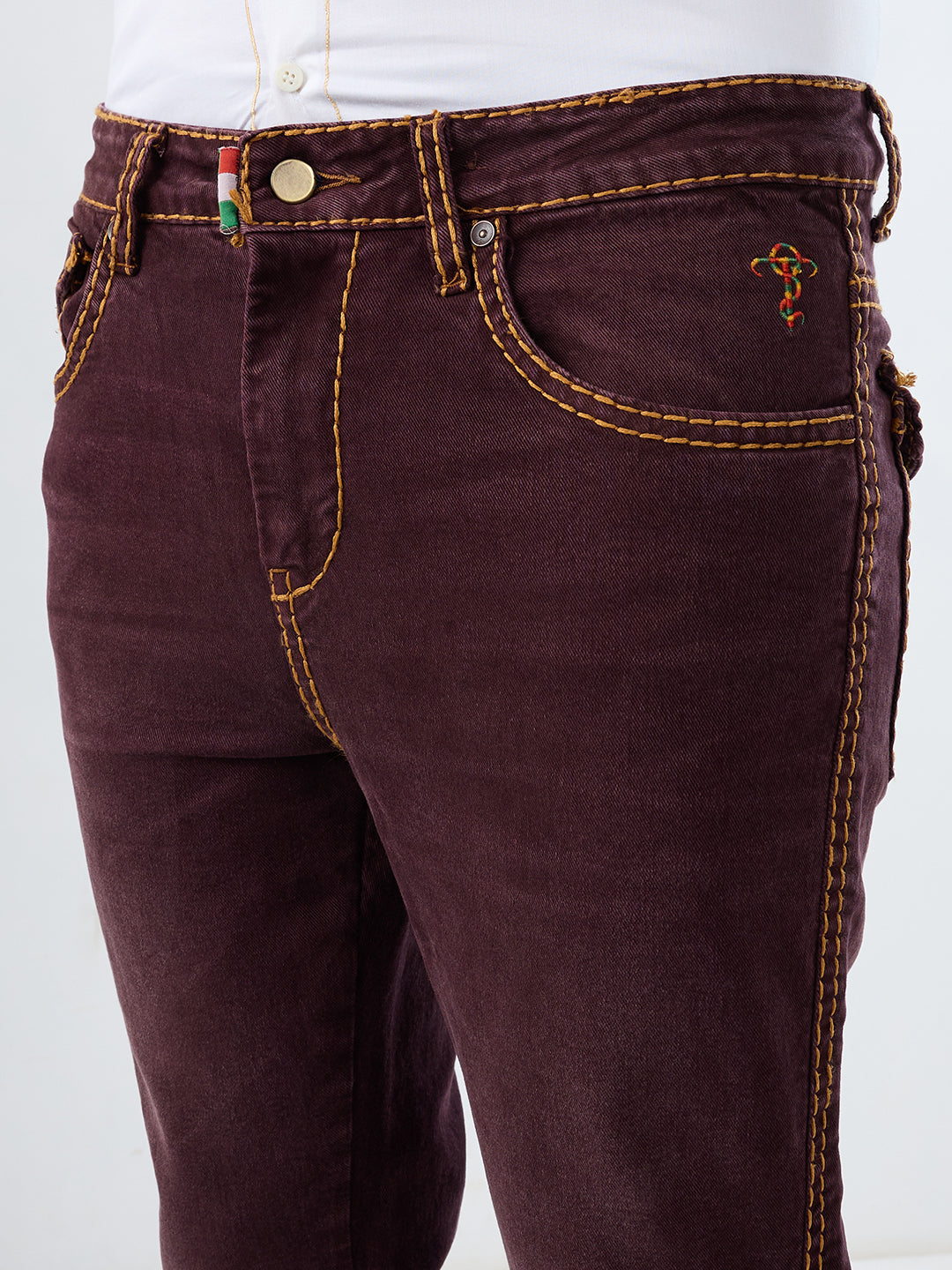 Vintage Maroon Bootcut Denim with Contrast Mustard Stitch Detailing – Stretchable 5-Pocket Jeans for Men