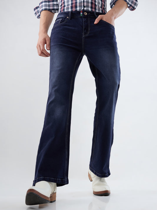 Midnight Indigo Bootcut Stretch Jeans with Bottom Zipper & Contrast Stitch Detailing for Men