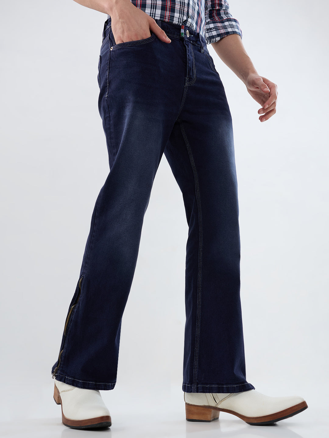 Midnight Indigo Bootcut Stretch Jeans with Bottom Zipper & Contrast Stitch Detailing for Men