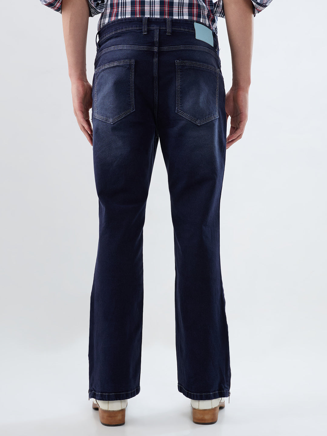 Midnight Indigo Bootcut Stretch Jeans with Bottom Zipper & Contrast Stitch Detailing for Men