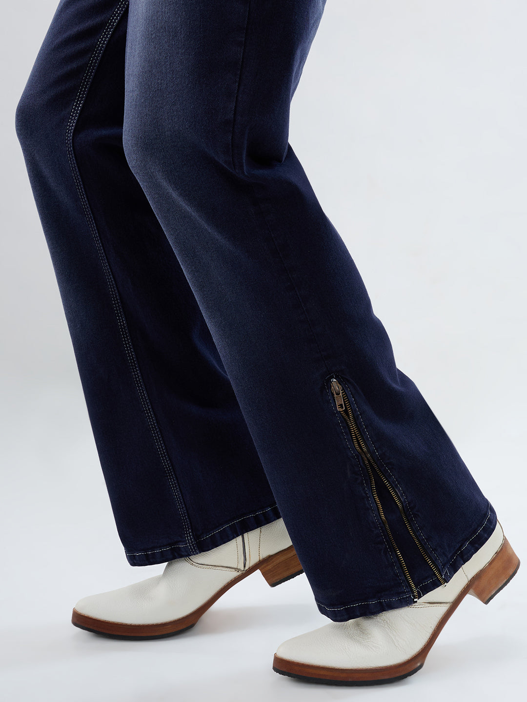 Midnight Indigo Bootcut Stretch Jeans with Bottom Zipper & Contrast Stitch Detailing for Men