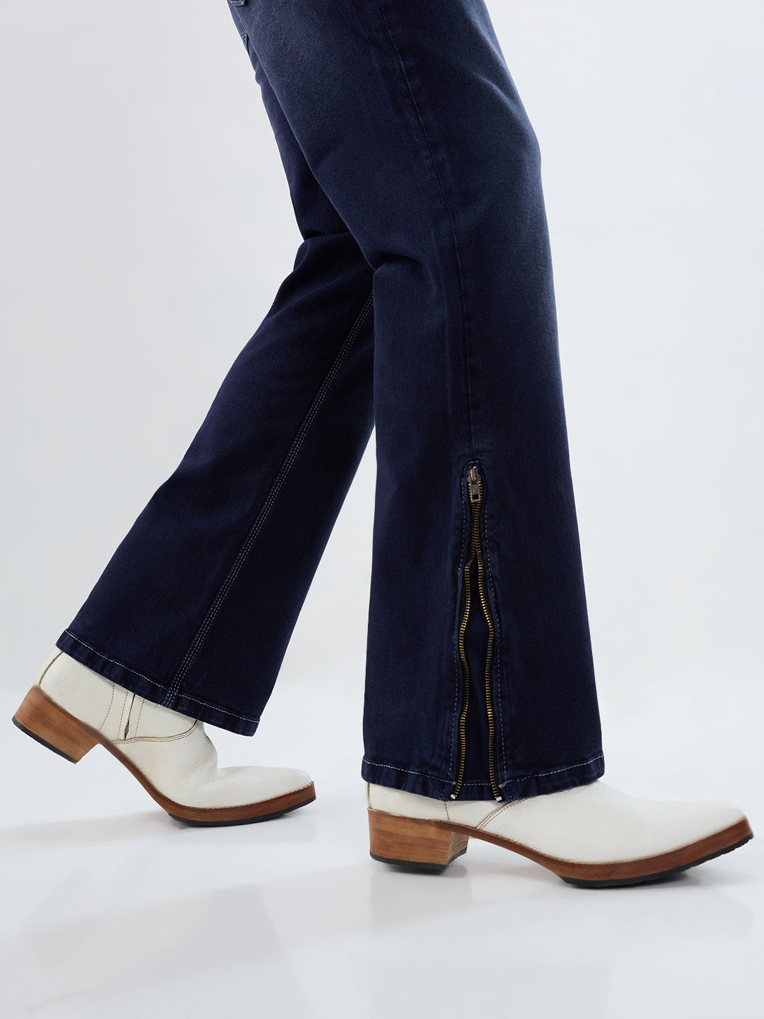 Midnight Indigo Bootcut Stretch Jeans with Bottom Zipper & Contrast Stitch Detailing for Men