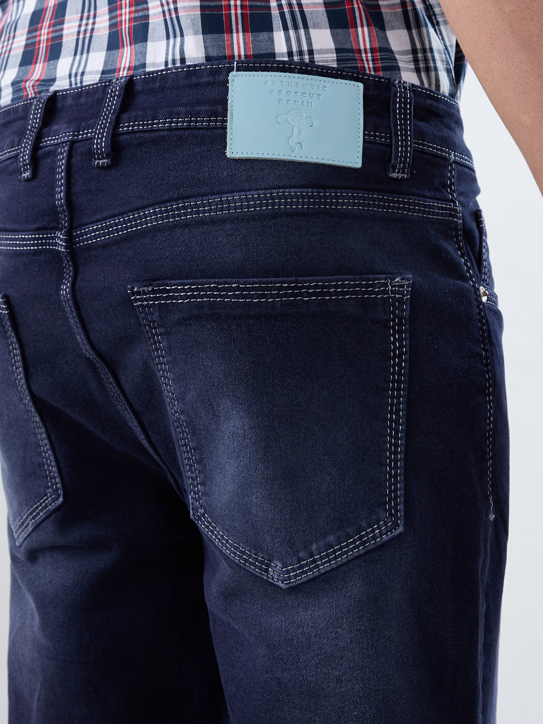 Midnight Indigo Bootcut Stretch Jeans with Bottom Zipper & Contrast Stitch Detailing for Men