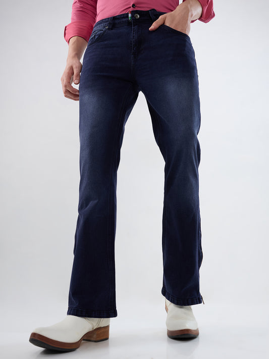 Deep Midnight Blue Bootcut Stretch Jeans with Antique-Gold Bottom Zipper & Contrast Stitch Accents