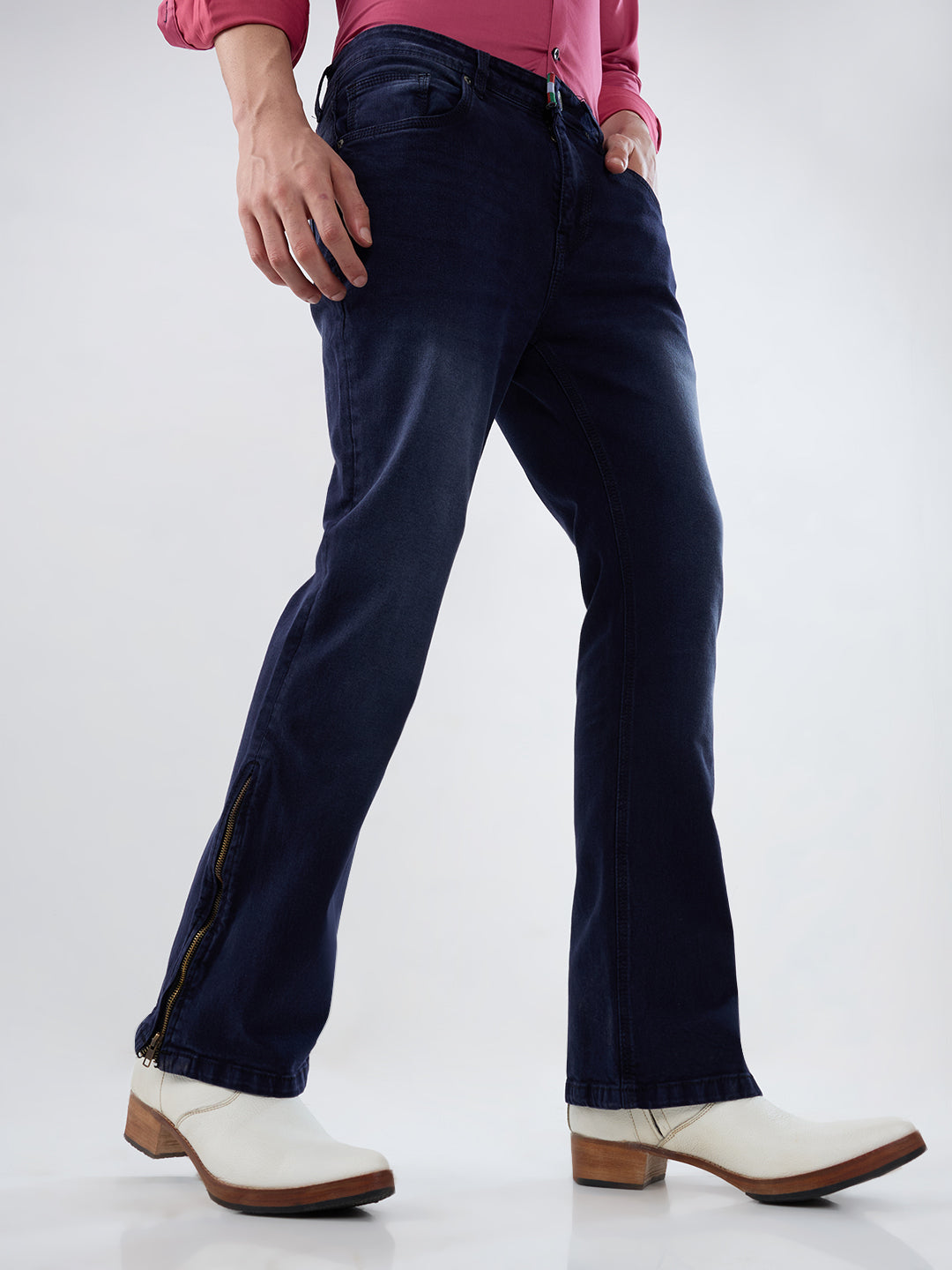 Deep Midnight Blue Bootcut Stretch Jeans with Antique-Gold Bottom Zipper & Contrast Stitch Accents