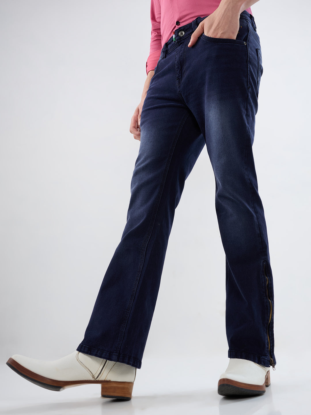 Deep Midnight Blue Bootcut Stretch Jeans with Antique-Gold Bottom Zipper & Contrast Stitch Accents