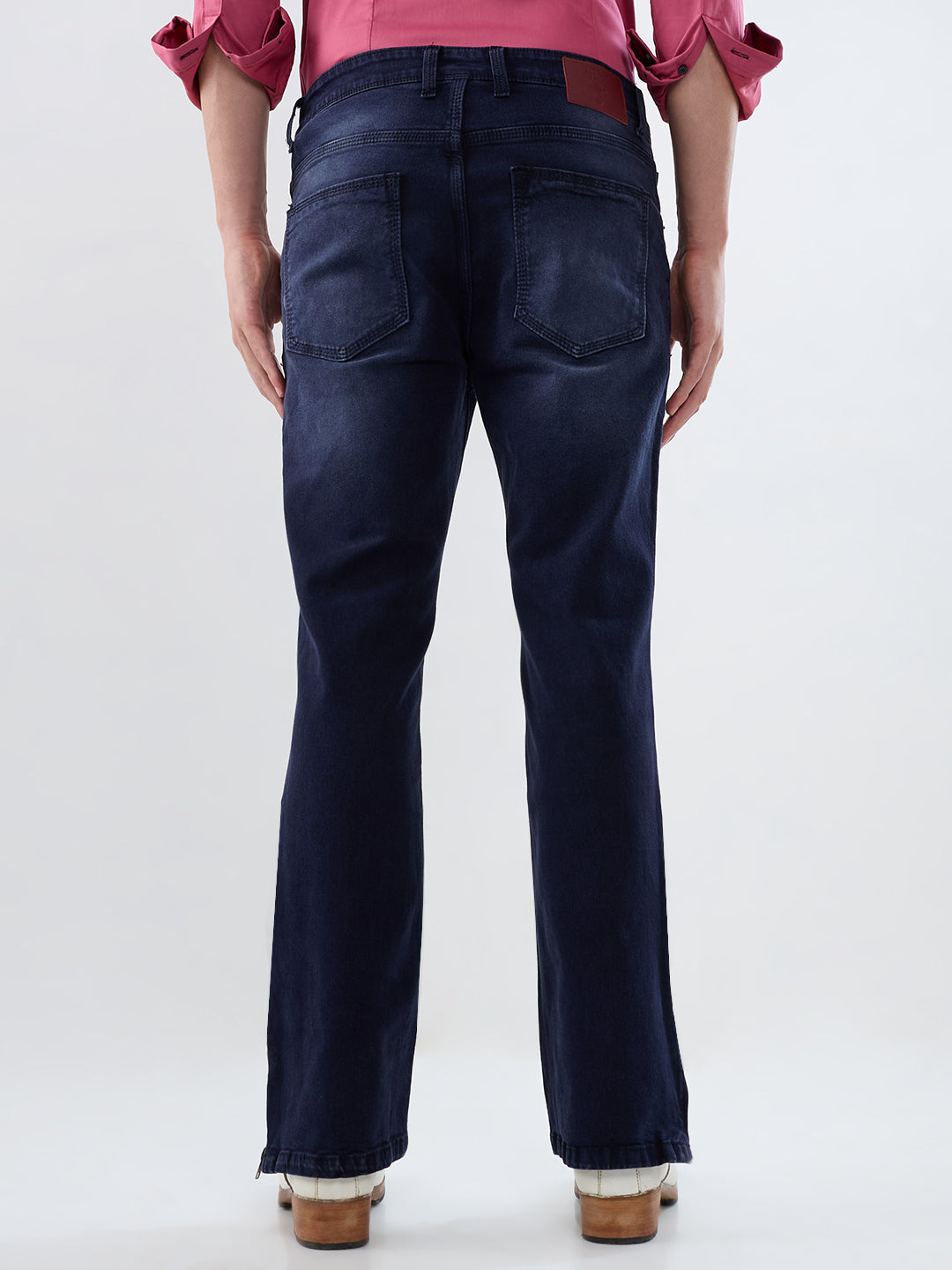Deep Midnight Blue Bootcut Stretch Jeans with Antique-Gold Bottom Zipper & Contrast Stitch Accents