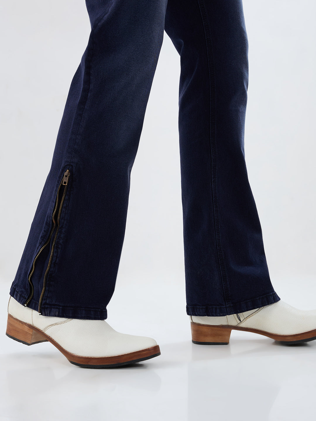 Deep Midnight Blue Bootcut Stretch Jeans with Antique-Gold Bottom Zipper & Contrast Stitch Accents