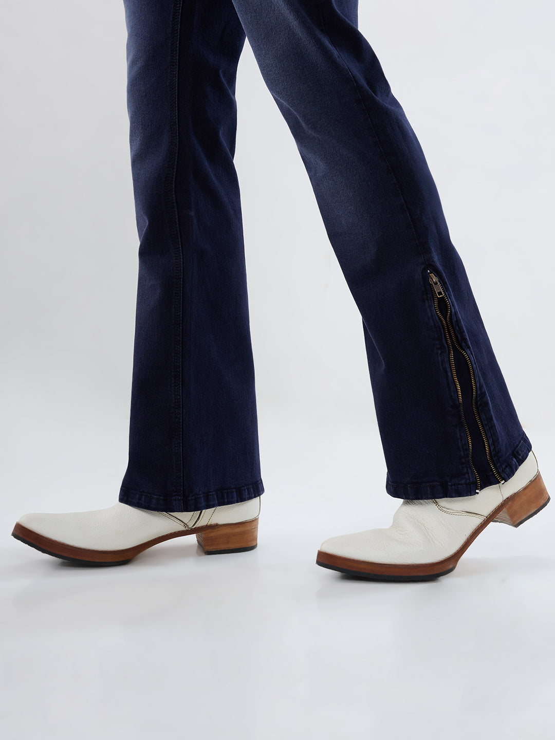 Deep Midnight Blue Bootcut Stretch Jeans with Antique-Gold Bottom Zipper & Contrast Stitch Accents