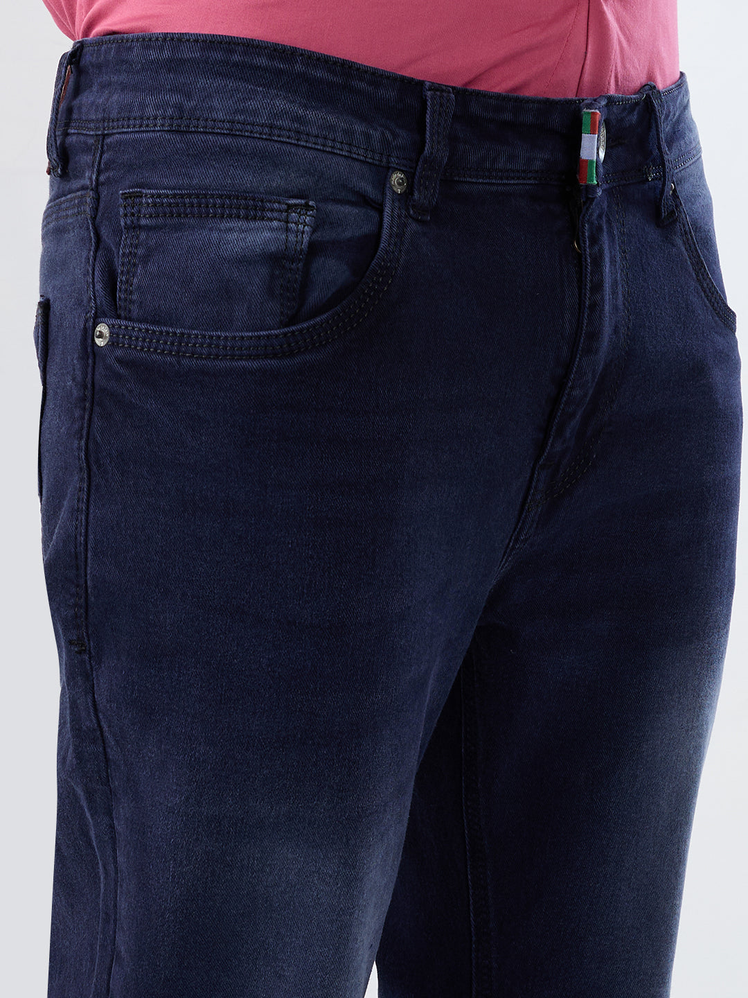 Deep Midnight Blue Bootcut Stretch Jeans with Antique-Gold Bottom Zipper & Contrast Stitch Accents