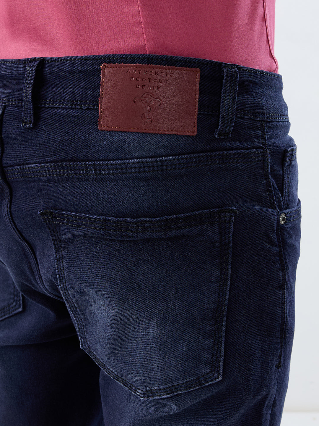 Deep Midnight Blue Bootcut Stretch Jeans with Antique-Gold Bottom Zipper & Contrast Stitch Accents