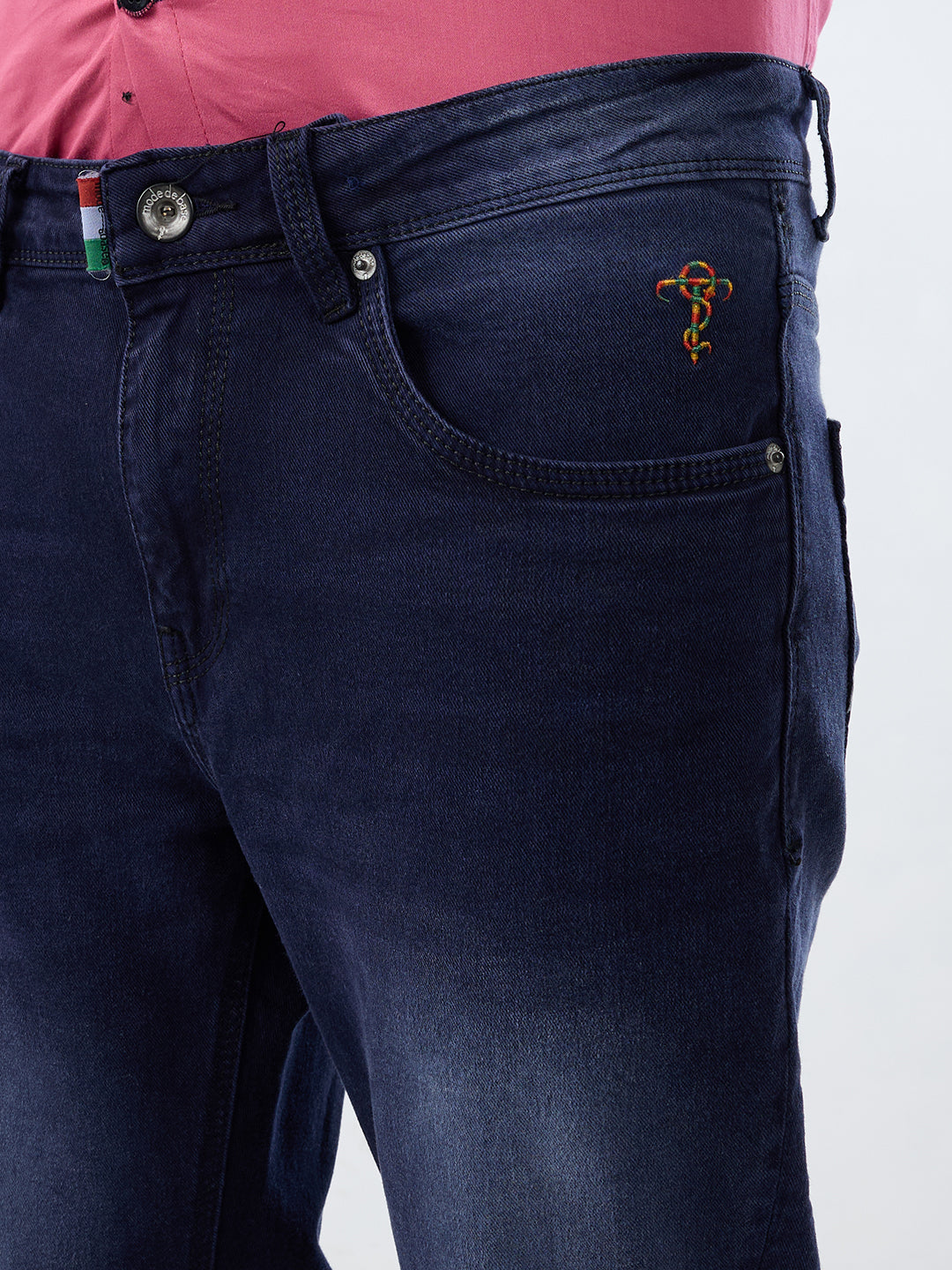 Deep Midnight Blue Bootcut Stretch Jeans with Antique-Gold Bottom Zipper & Contrast Stitch Accents