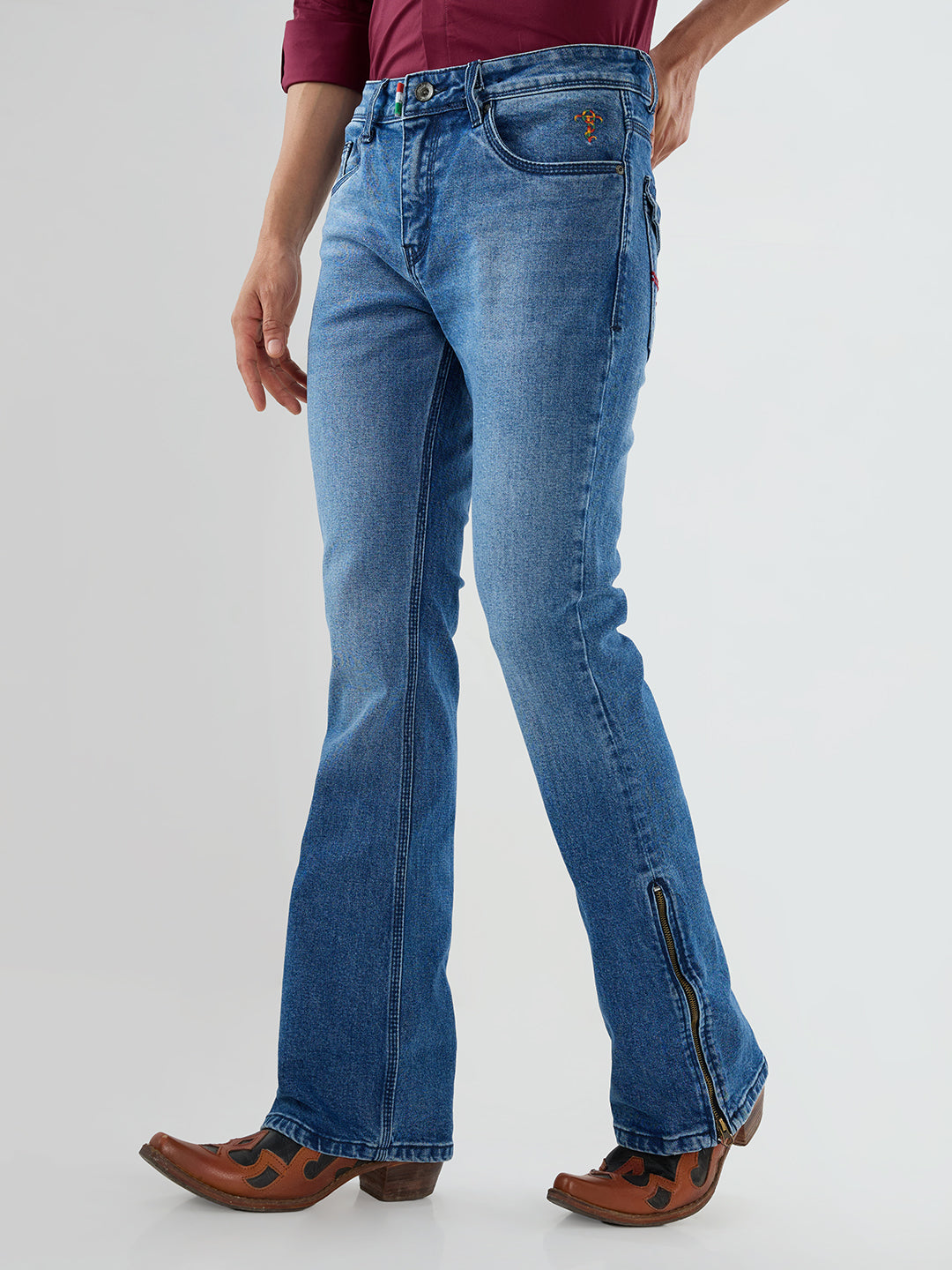 Men Stone Blue Low Rise Bootcut Stitch Jeans with Zipper Hem Detail Slim Fit