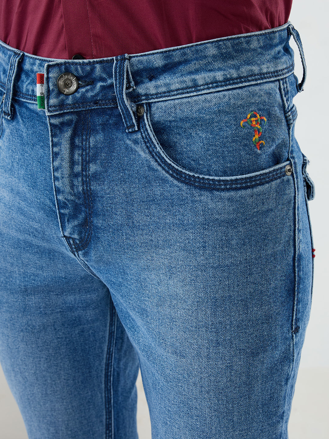 Men Stone Blue Low Rise Bootcut Stitch Jeans with Zipper Hem Detail Slim Fit