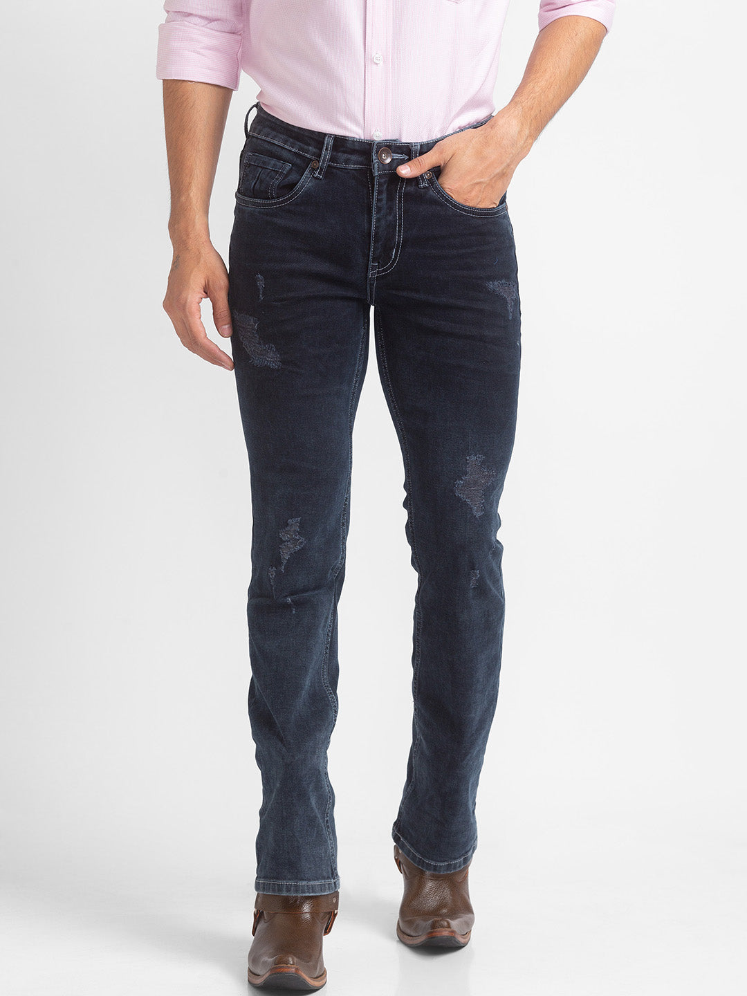 Dark Blue Mildly Distressed Bootcut Jeans for Men