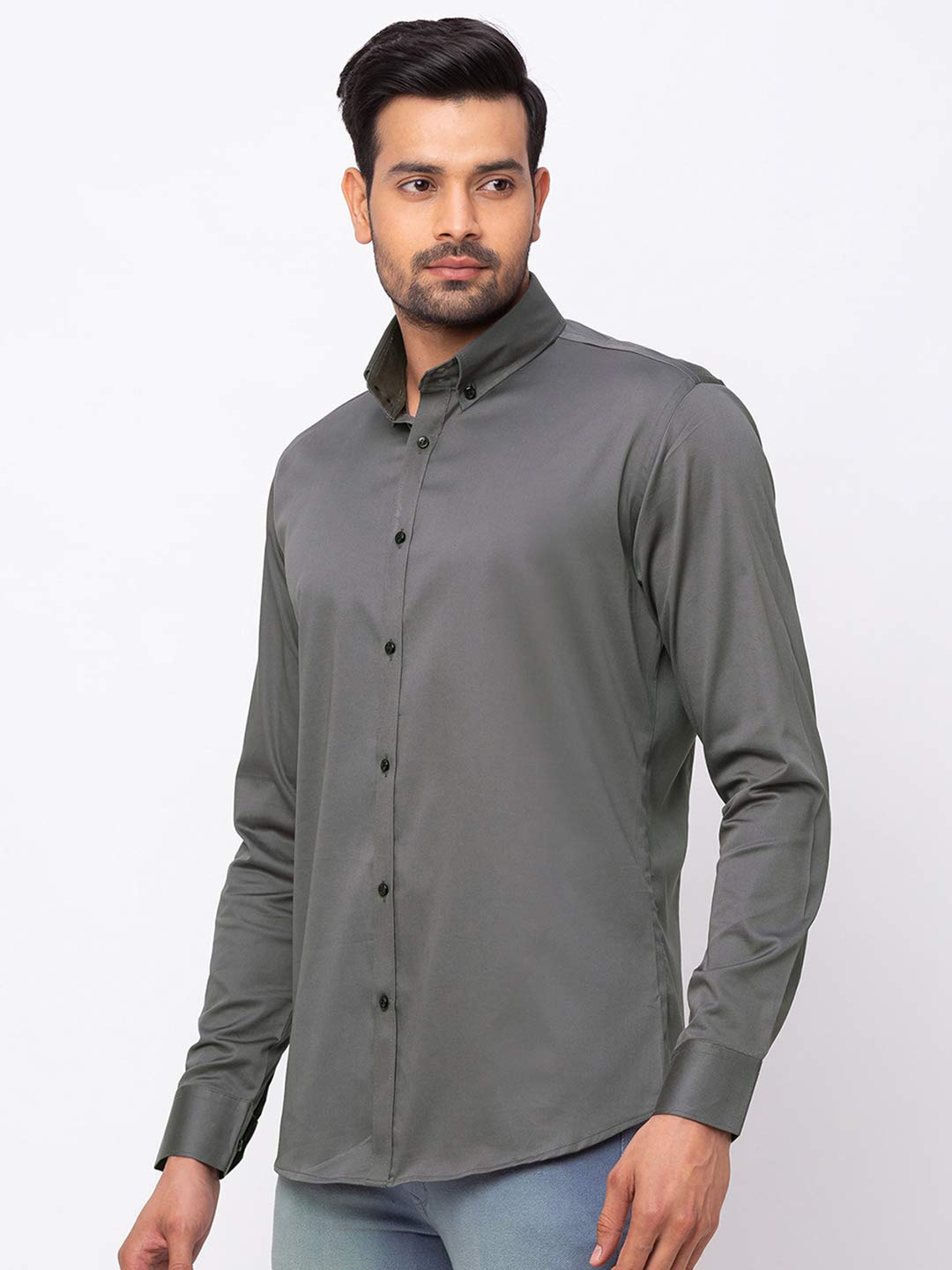 Grey Formal Shirt with Button-down Collar