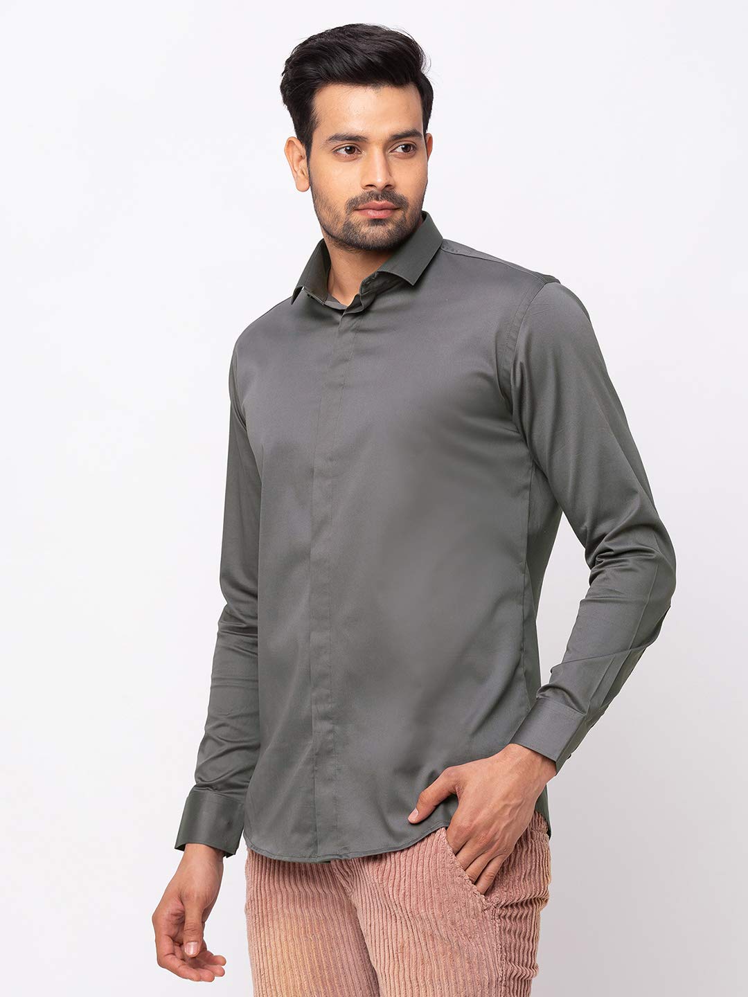 Grey Formal Shirt with Concealed Buttons
