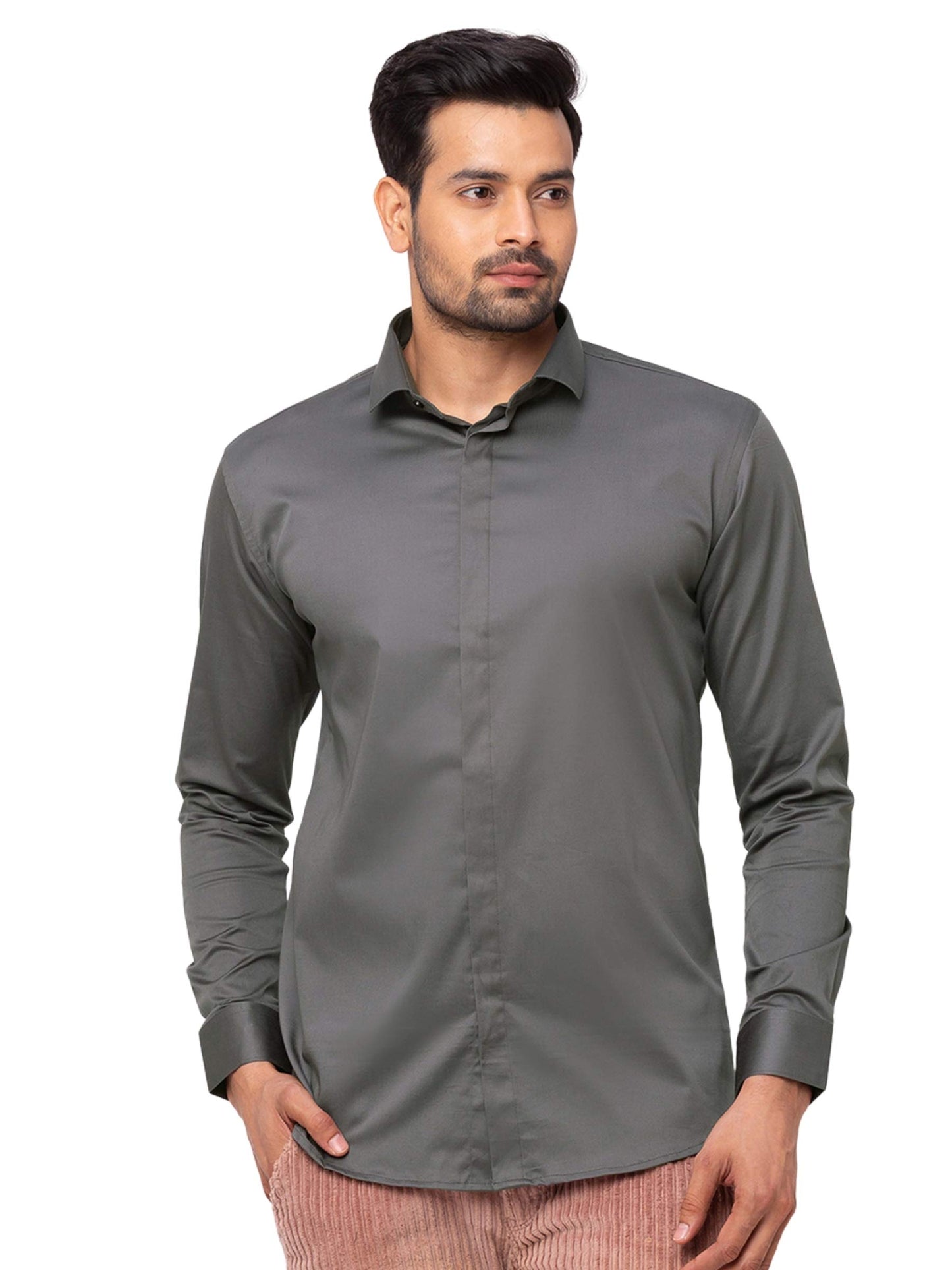 Grey Formal Shirt with Concealed Buttons