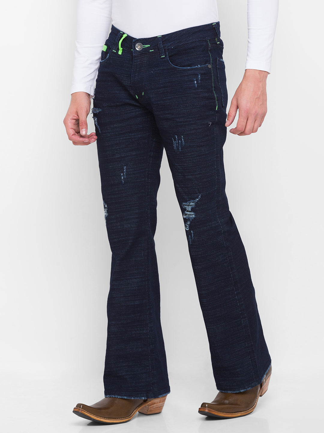 Navy Blue Comfort Fit Distressed Bootcut Jeans