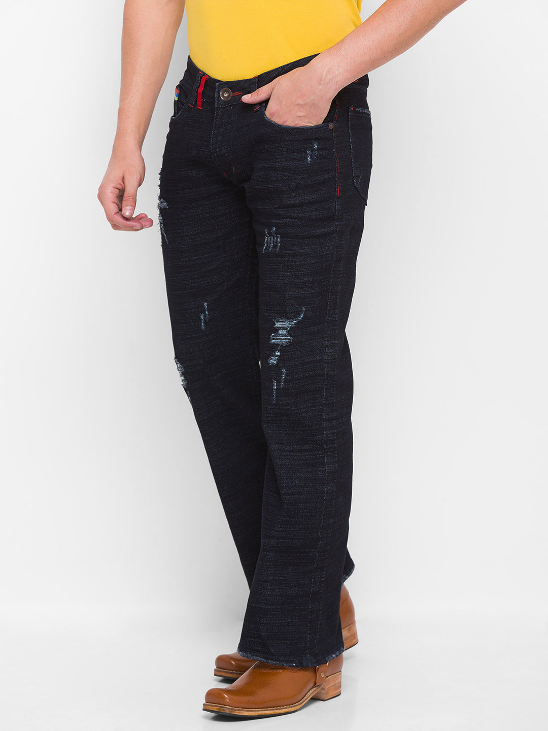Navy Blue Comfort Fit Distressed Bootcut Jeans