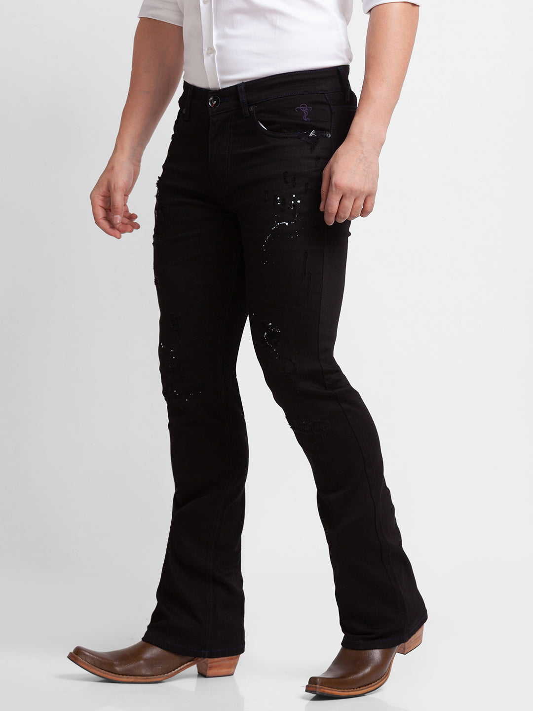 Black Distressed Bootcut Jeans for Men - Main Image