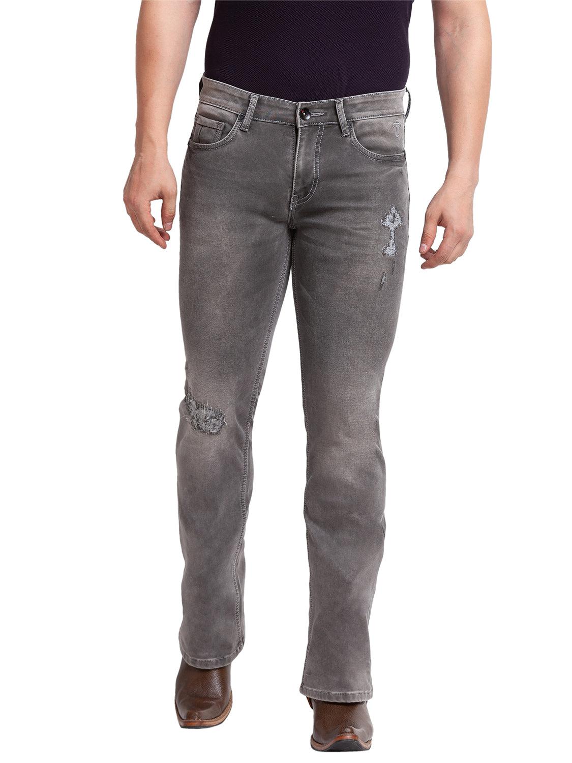 Light Grey Distressed Bootcut Jeans for Men