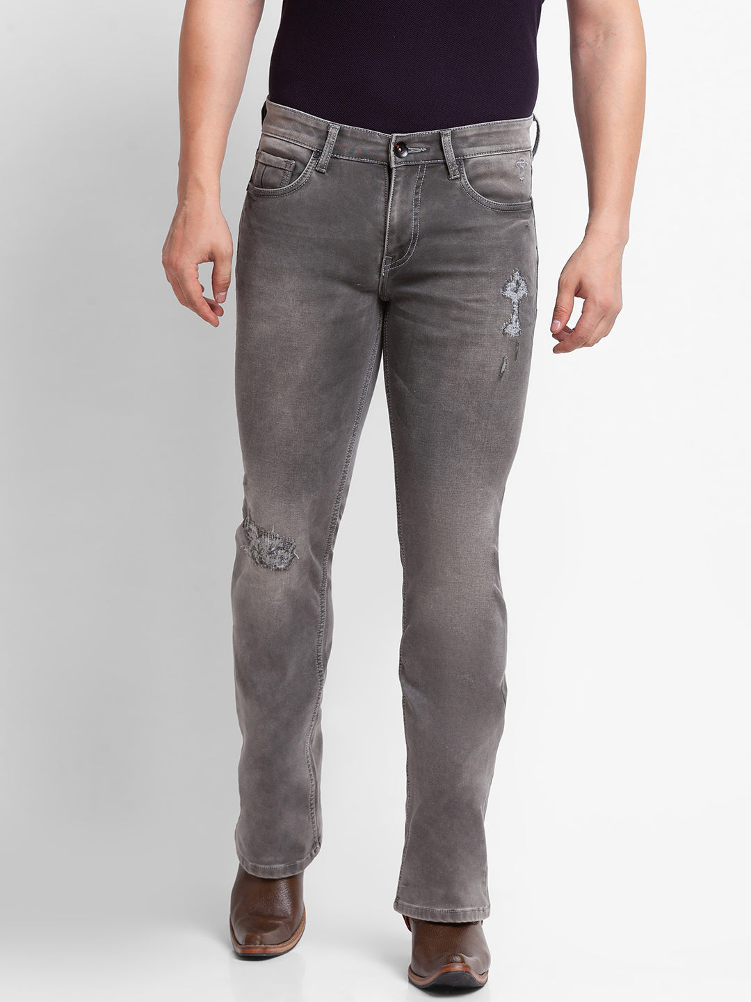 Light Grey Distressed Bootcut Jeans for Men