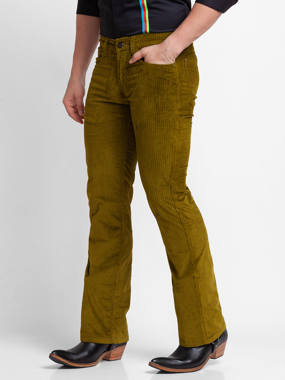 Mustard Green Bootcut Corduroy Trousers for Men