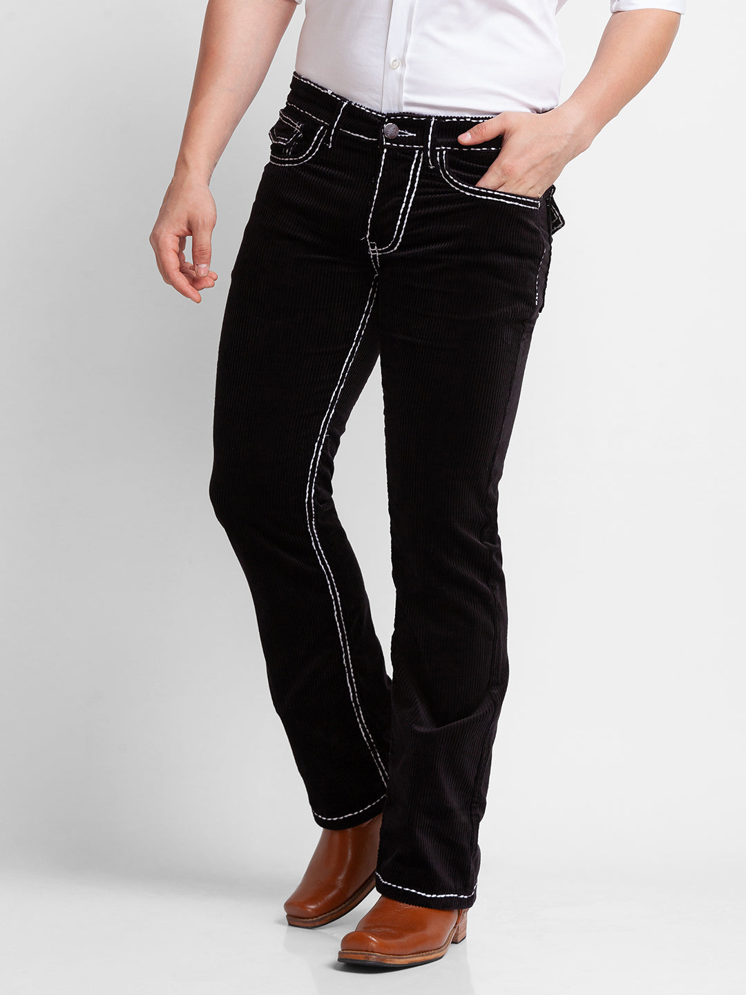 Black Bootcut Corduroy Trousers for Men