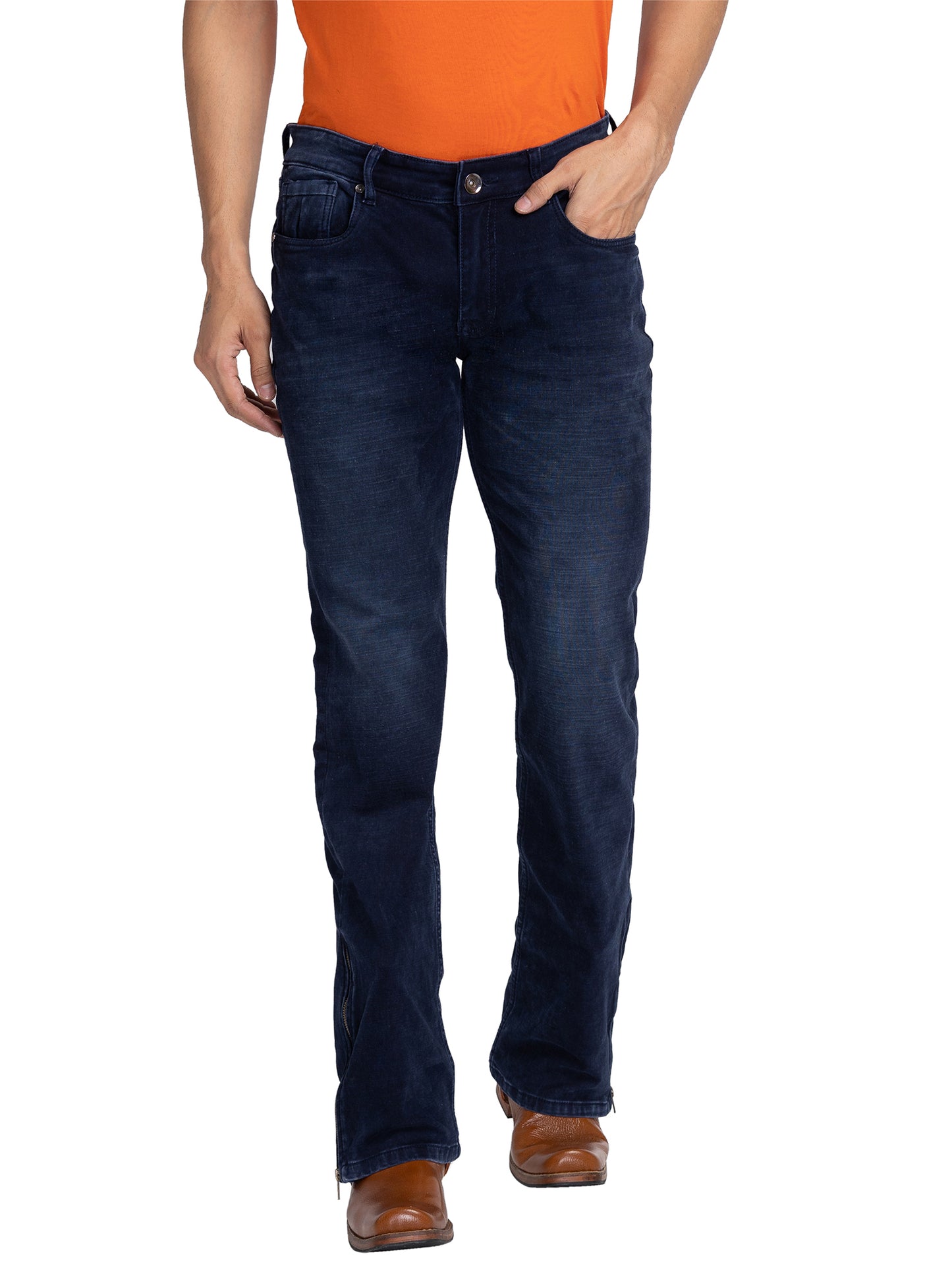 Dark Blue Bootcut Jeans with Zipper Bottoms