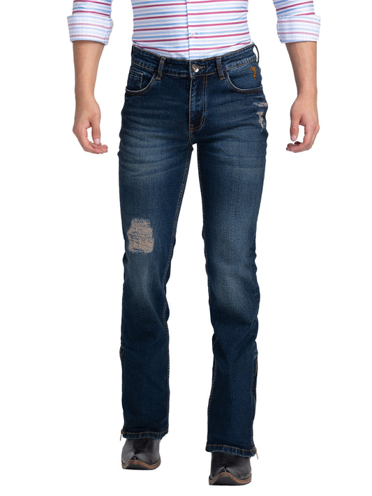 Dark Blue Distressed Bootcut Jeans with Zipper Bottoms