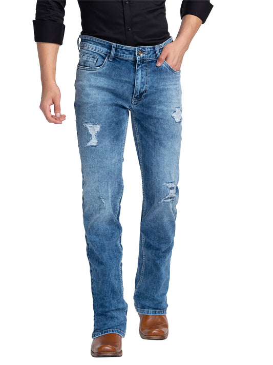 Light Blue Distressed Bootcut Jeans for Men