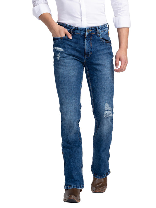 Blue Distressed Bootcut Jeans with Zipper Bottom