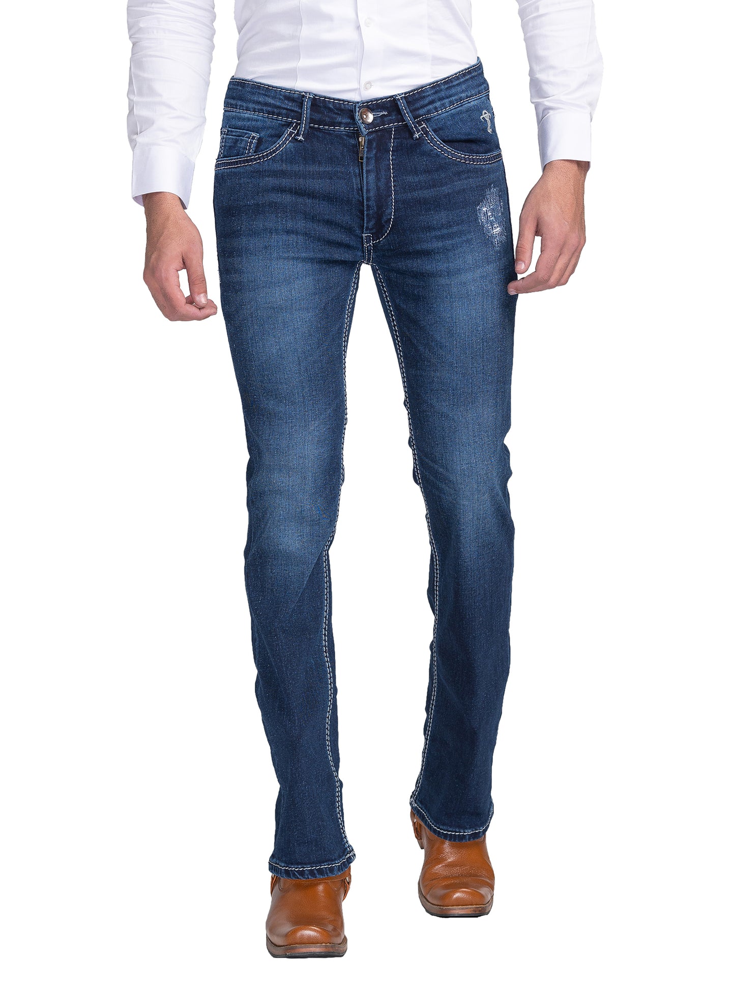 Dark Blue Distressed Bootcut Jeans for Men