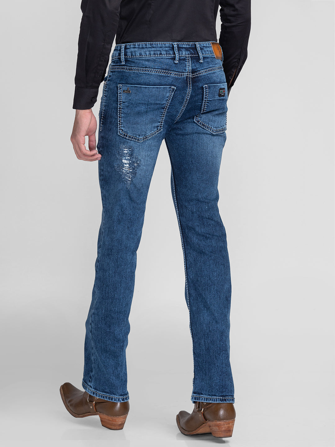 Blue Distressed Bootcut Jeans for Men