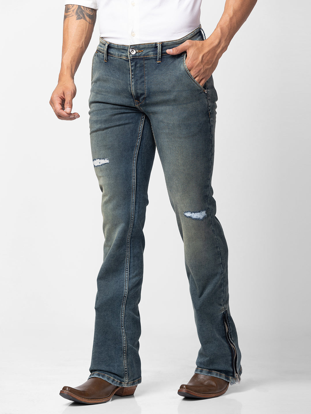 Vintage Khakhi Bootcut Jeans with Zipper Bottom