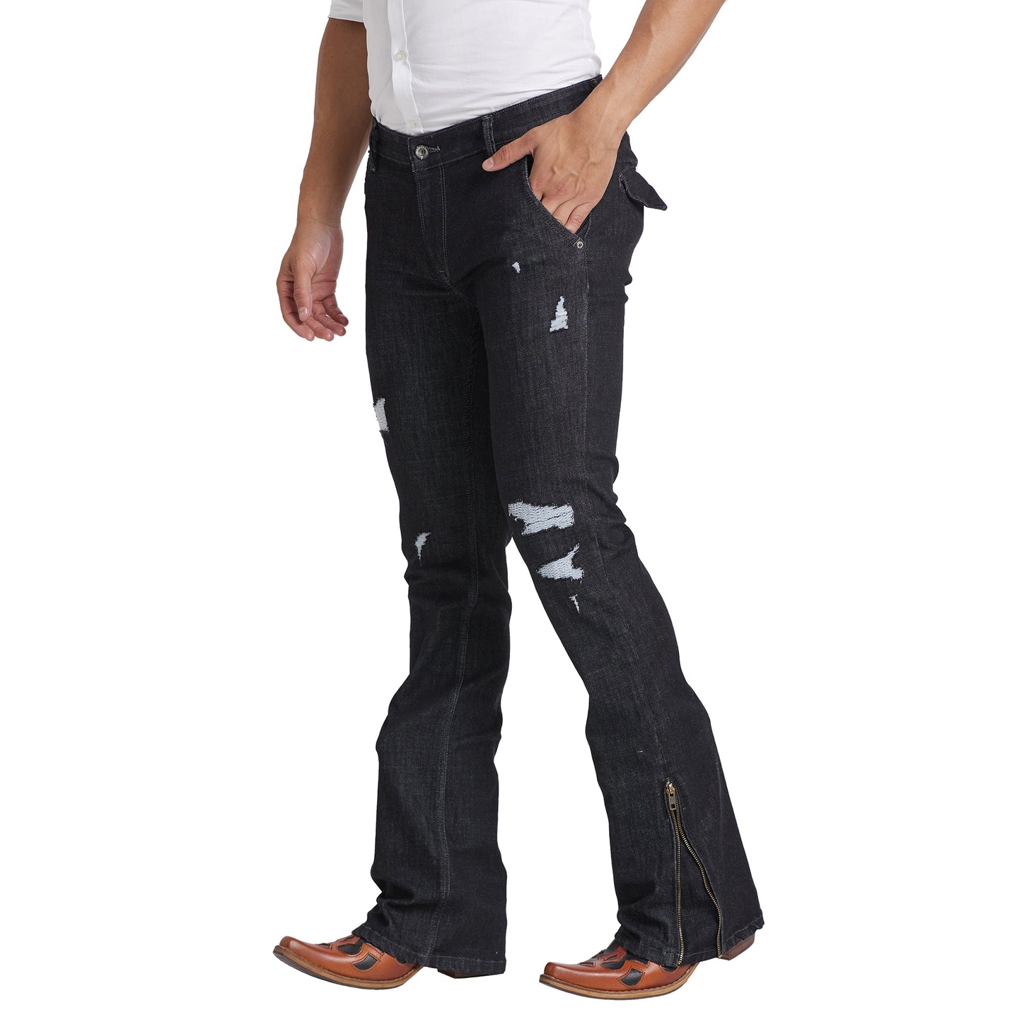 Mode De Base Mens's Casual  Slim Fit Carbon Black Distress Bootcut Jeans With Zipper Bottom (Carbon Black)