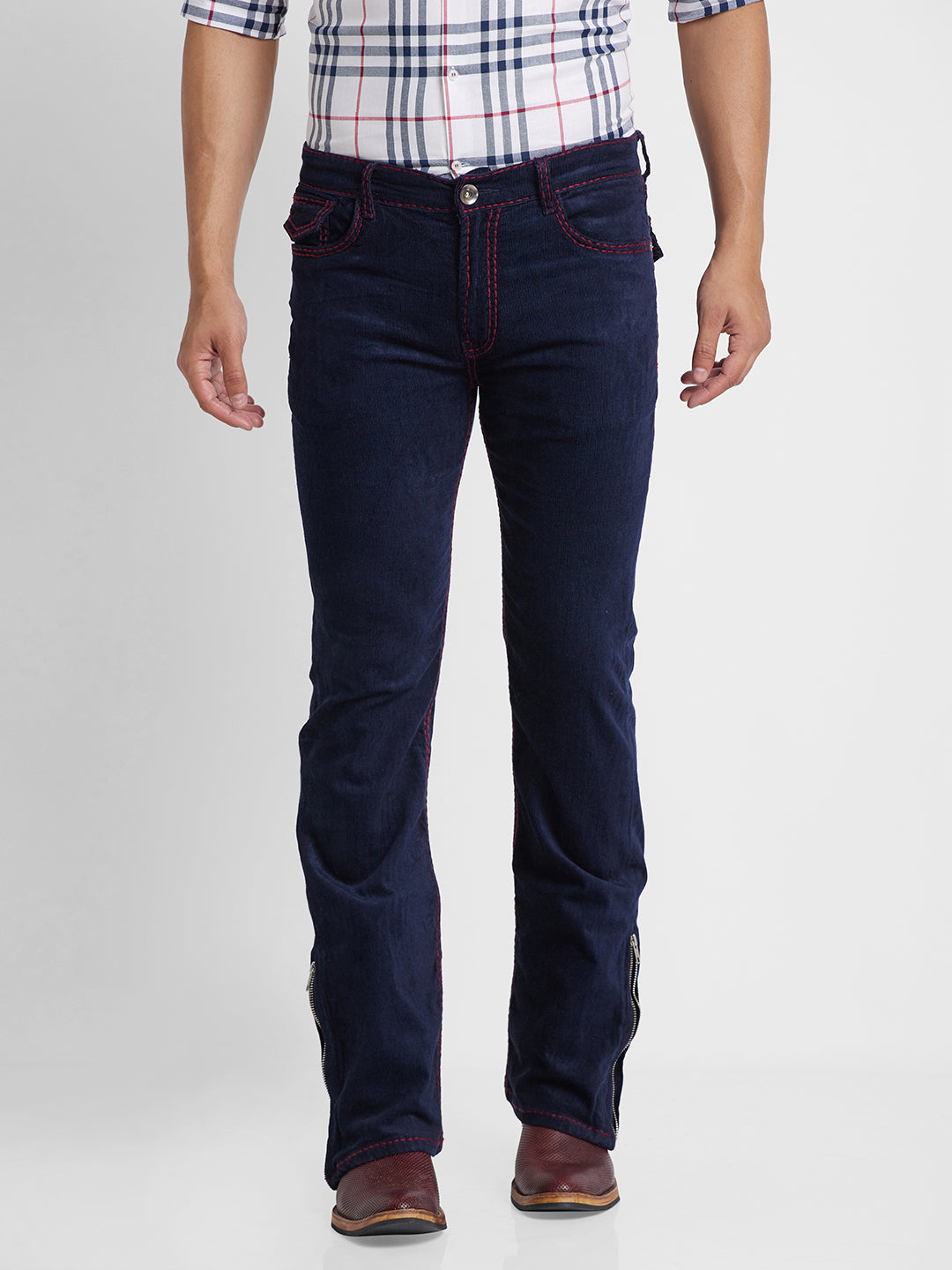 Navy Blue Bootcut Corduroy With Maroon Saddle Stitch And Bottom Zipper