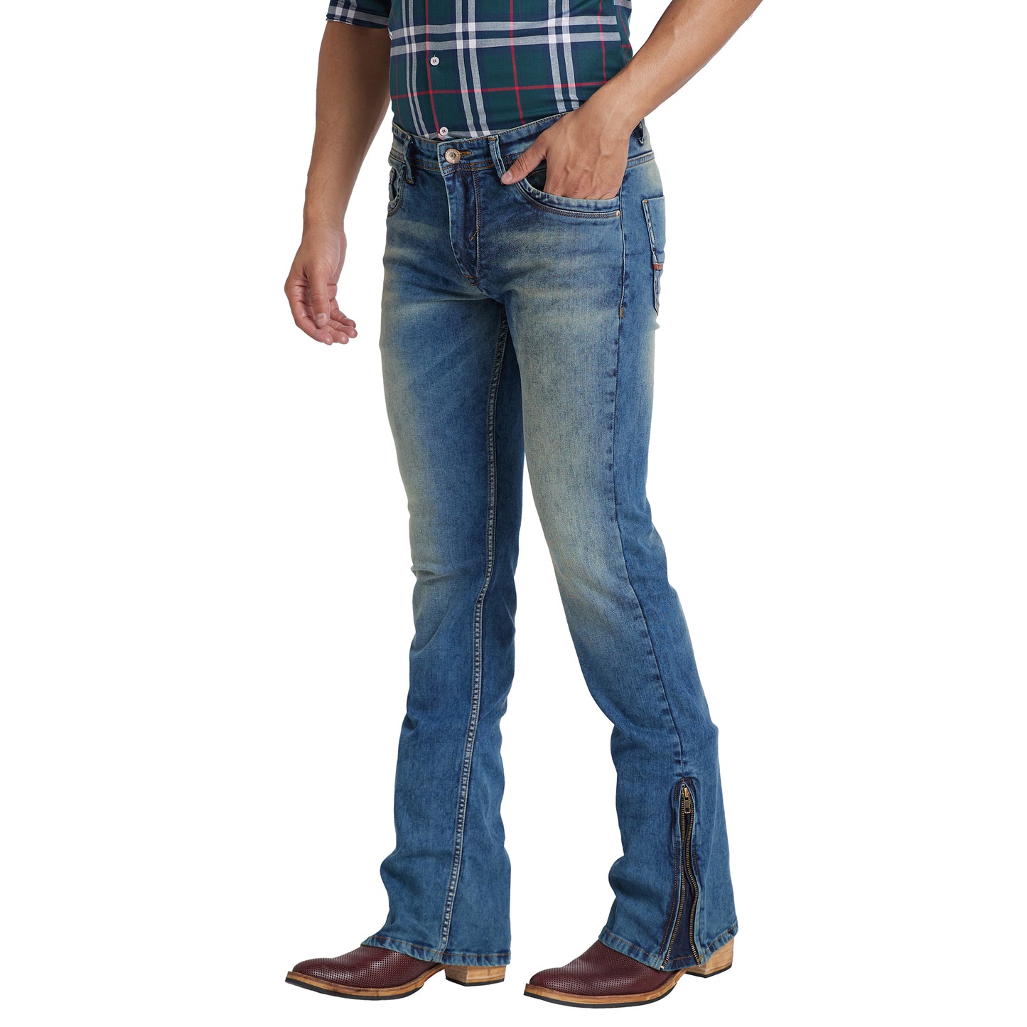 Mode De Base Mens's Casual  Slim Fit Light Blue Tinted Fade Bootcut Jeans With Zipper Bottom (Light Blue)