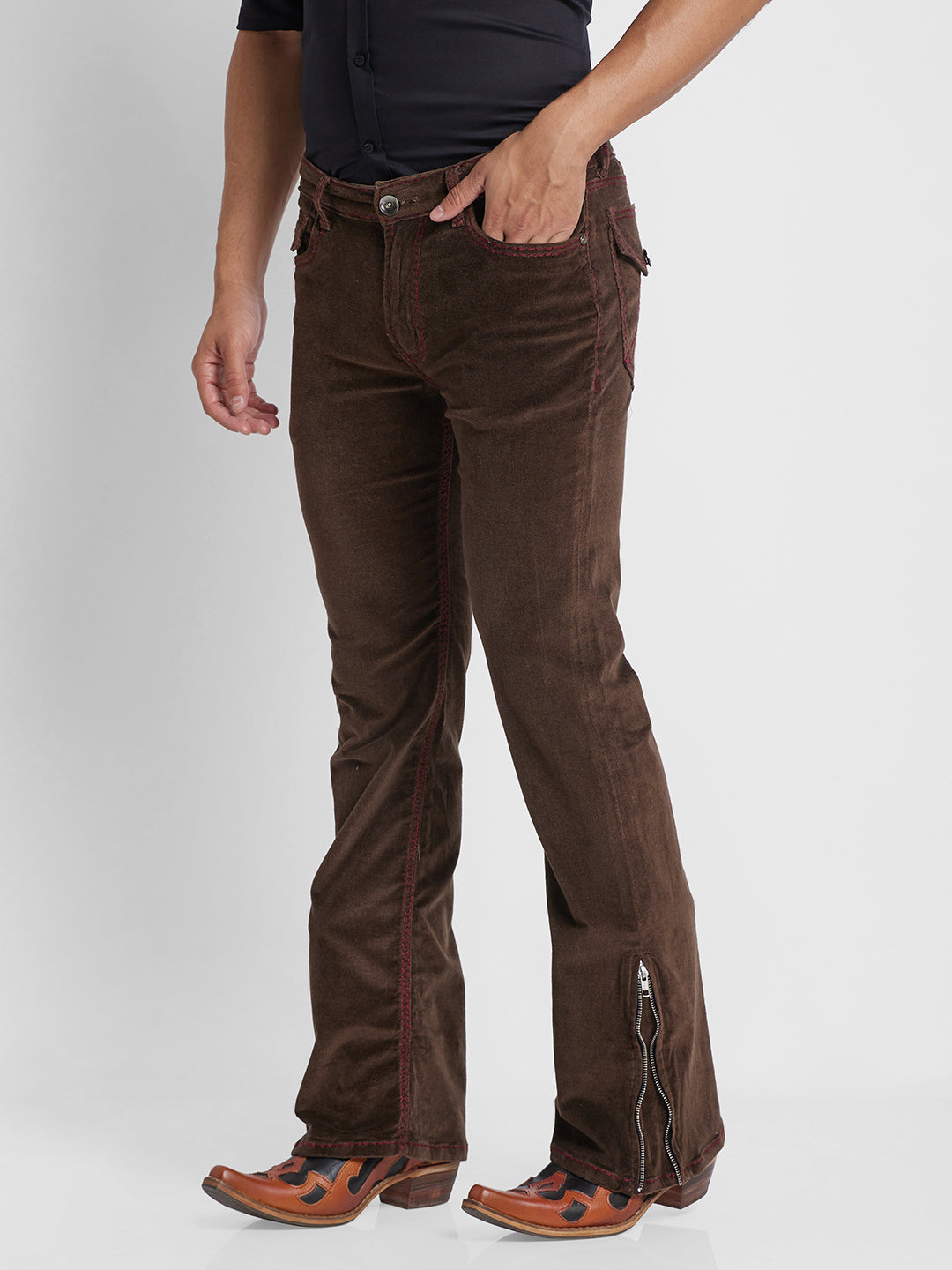 Brown Bootcut Corduroy With Maroon Saddle Stitch And Bottom Zipper
