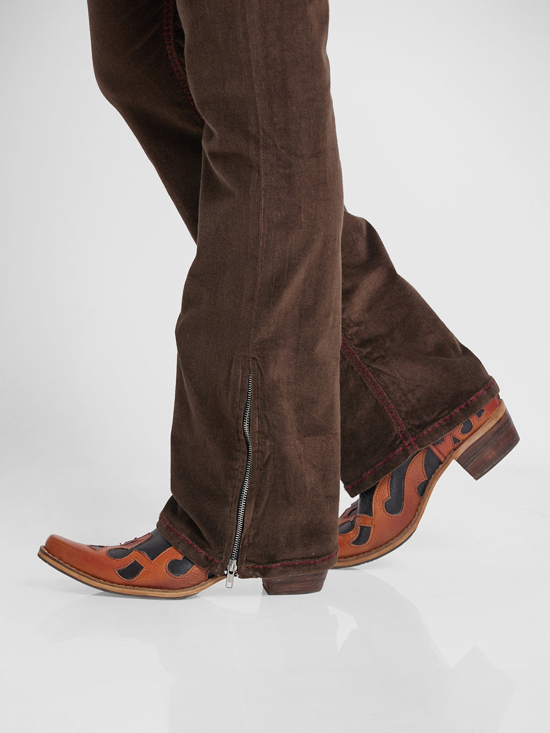 Brown Bootcut Corduroy With Maroon Saddle Stitch And Bottom Zipper