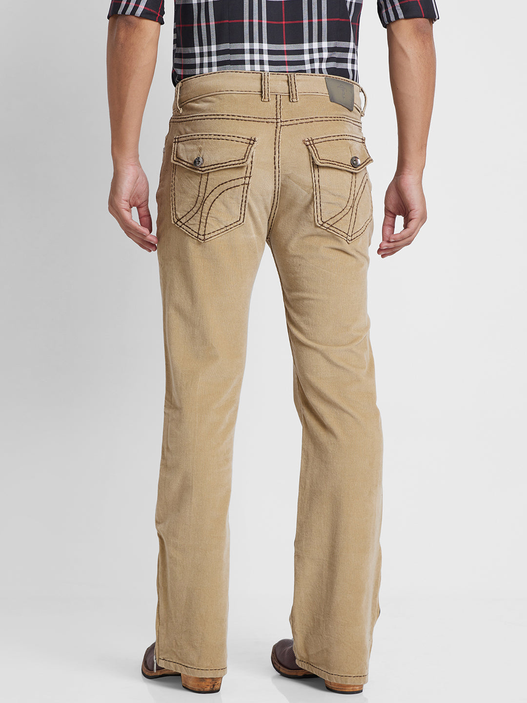 Beige Bootcut Corduroy With Brown Saddle Stitch And Bottom Zipper