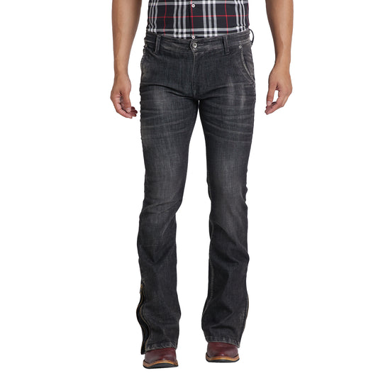 Mode De Base Mens's Casual  Slim Fit Carbon Black Faded Bootcut Jeans With Zipper Bottom (Carbon Black)