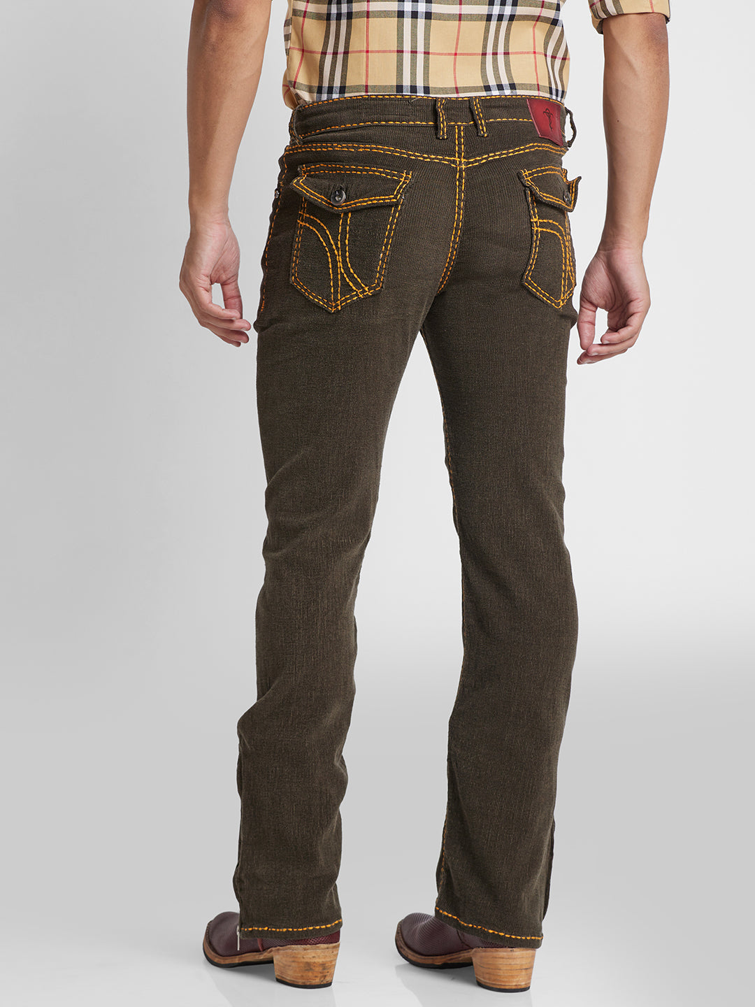 Brown Bootcut Corduroy With Mustard Saddle Stitch And Bottom Zipper