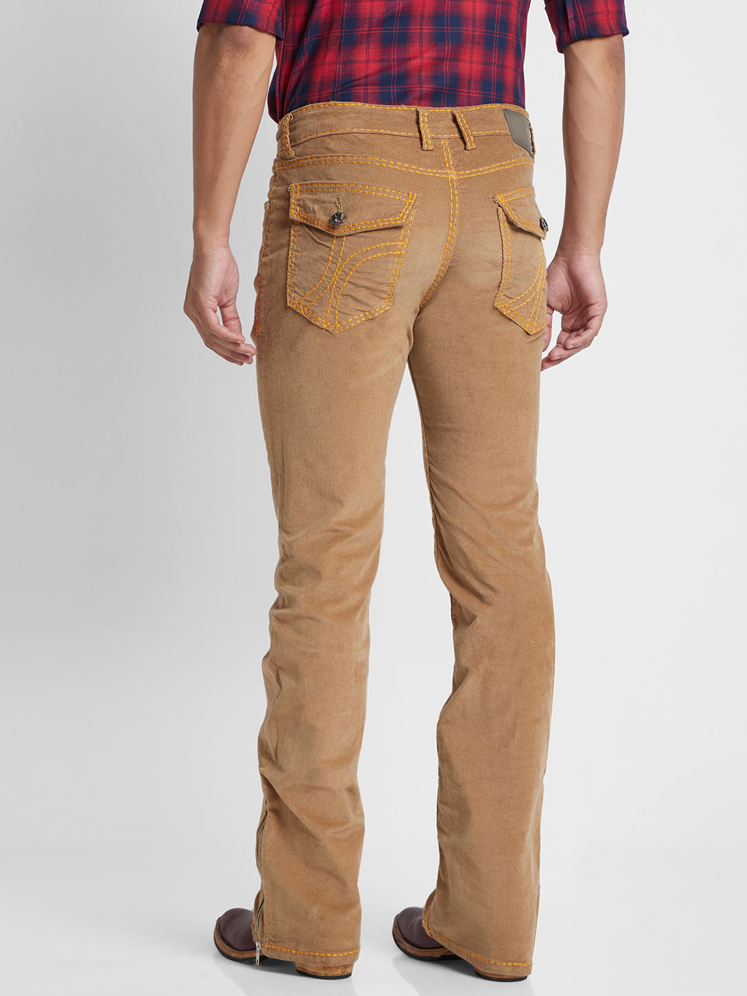 Camel Brown Bootcut Corduroy With Yellow Saddle Stitch And Bottom Zipper