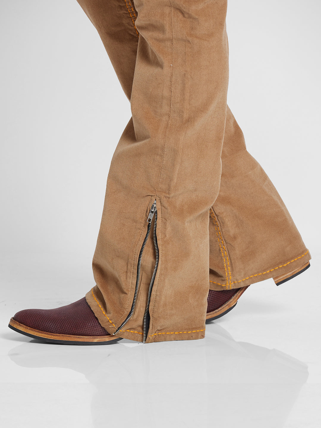 Camel Brown Bootcut Corduroy With Yellow Saddle Stitch And Bottom Zipper