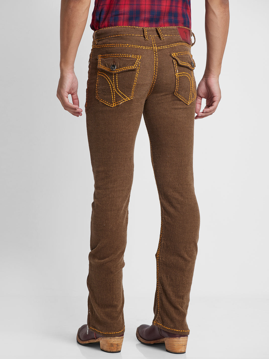 Brown Bootcut Corduroy With Mustard Saddle Stitch And Bottom Zipper