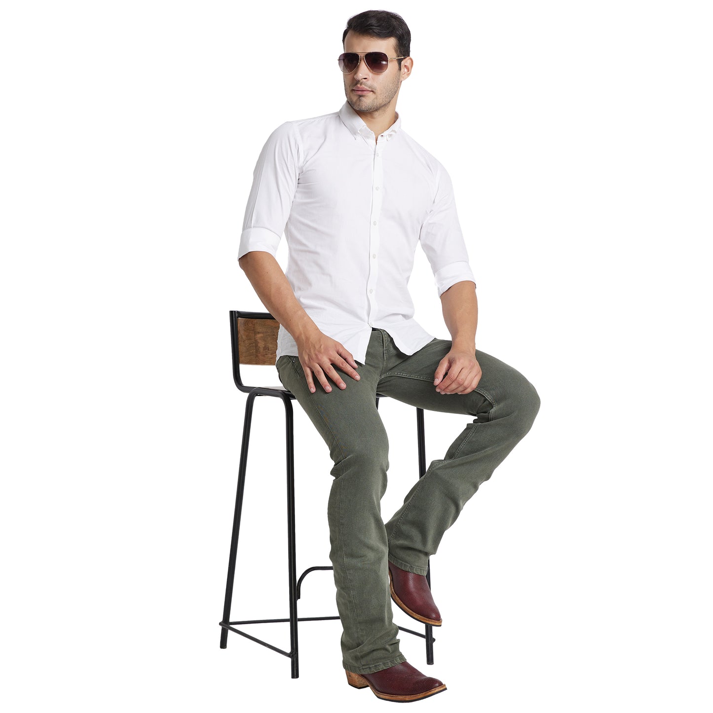 Mode De Base Mens's Casual  Slim Fit Olive Green Bootcut Jeans (Olive Green)