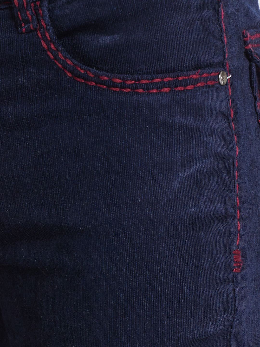 Navy Blue Bootcut Corduroy With Maroon Saddle Stitch And Bottom Zipper